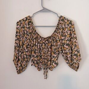 Yellow floral crop top with front tie